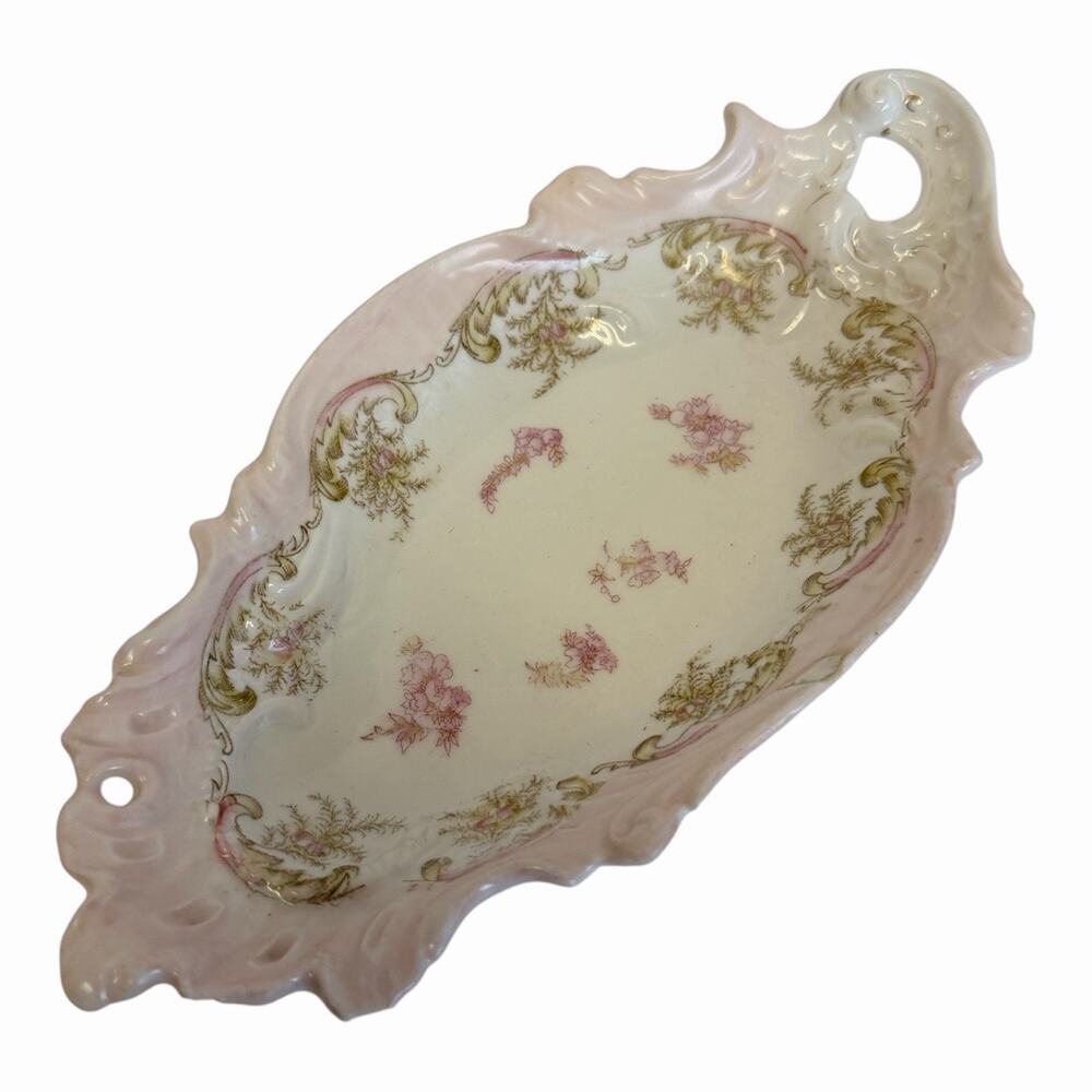 Vintage Porcelain Celery/Relish Dish/ Trinket Tray Floral Pink Roses Victorian